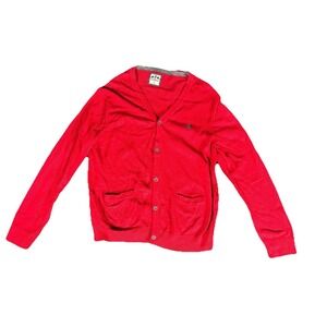 Express Cardigan Women XL Red 100% Cotton Patch Pockets Long Sleeve Button Front